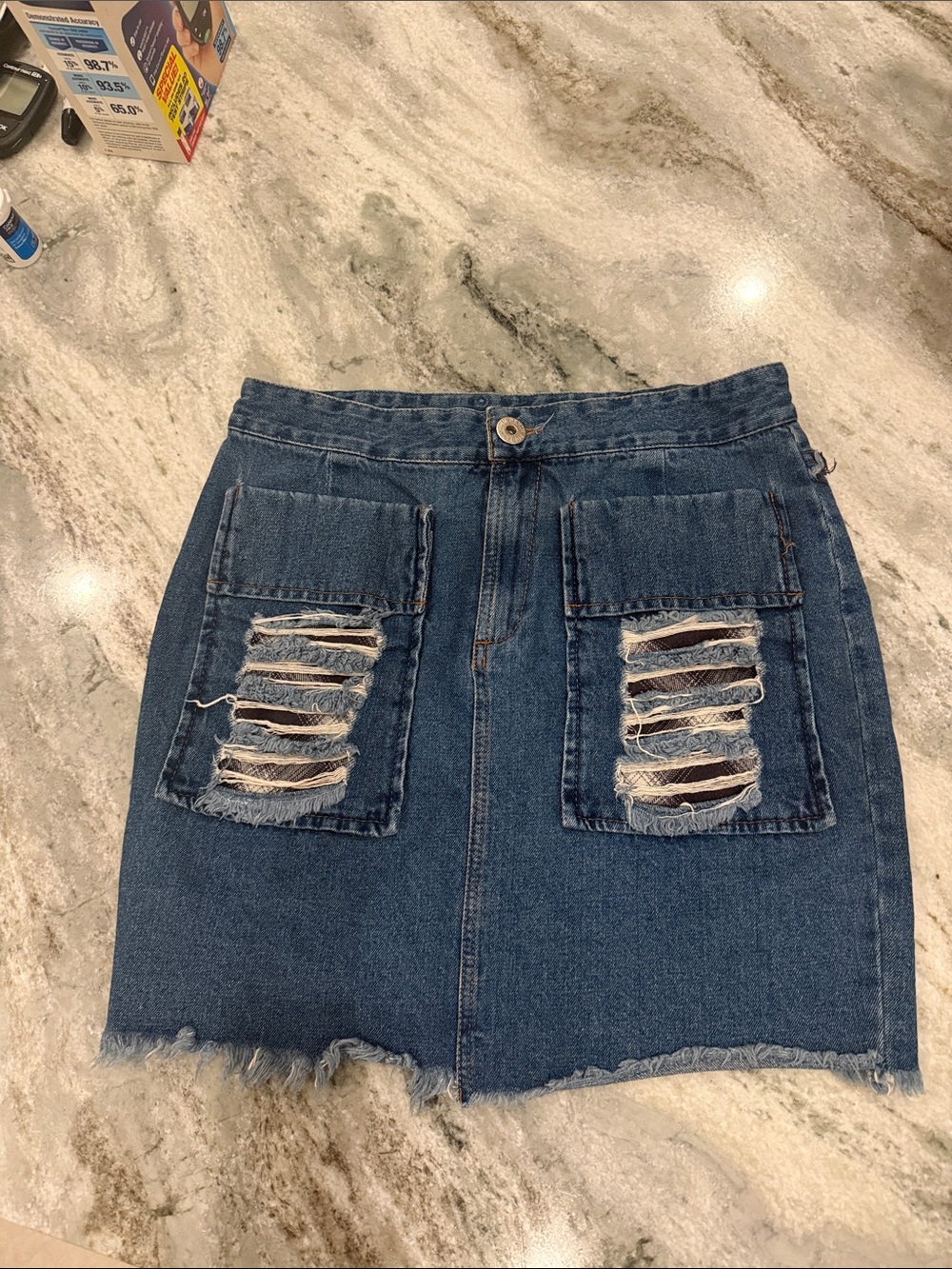 POL Blue Distressed Denim Mini Skirt with Front Patch Pockets